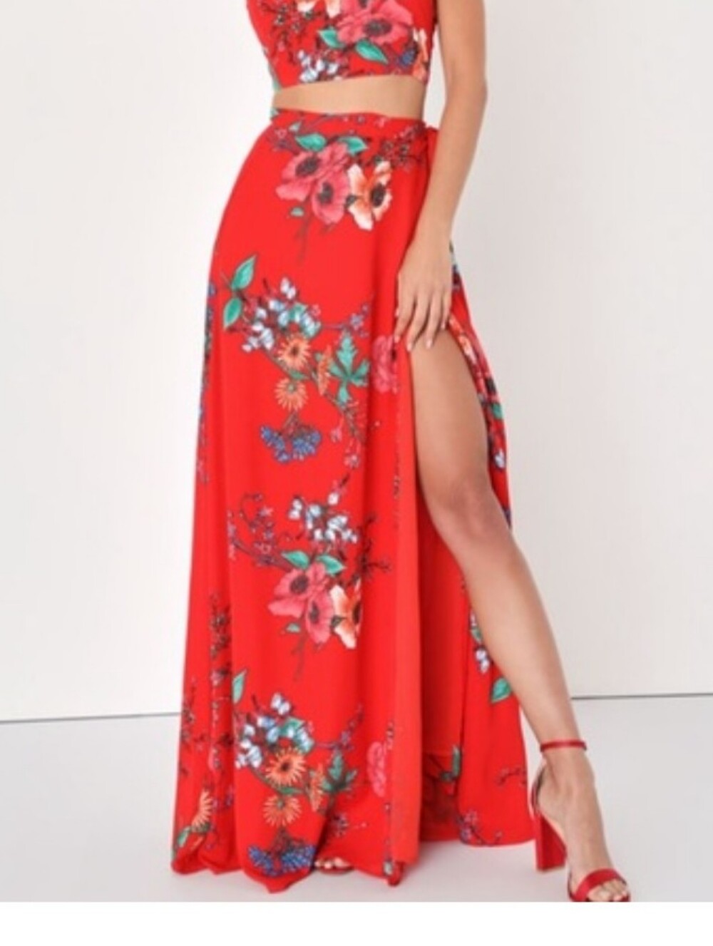 Lulu's Red Floral Maxi Skirt with Side Slit